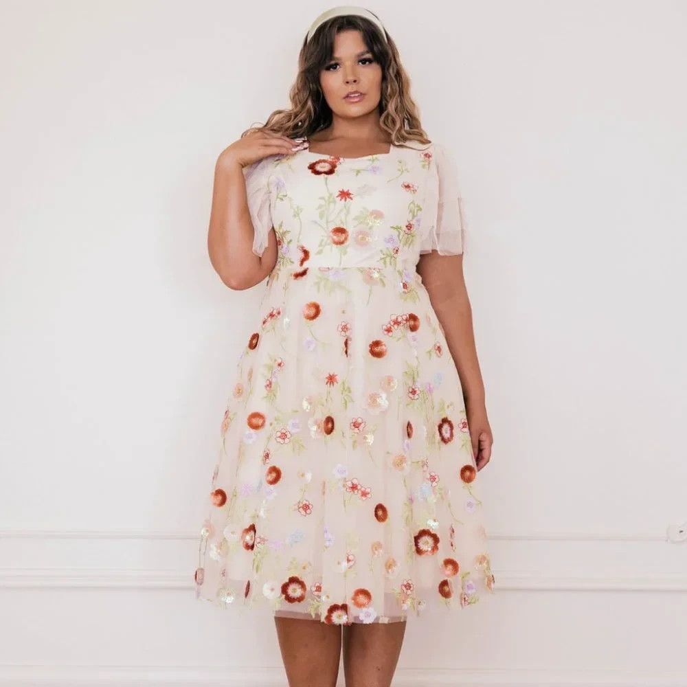 NWT JESSAKAE Happy Thoughts Floral Beaded Midi Dress Flutter Sleeves SIZE LARGE